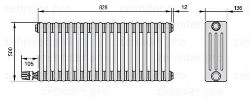 Схема (чертеж) Радиатор Zehnder Charleston 4050/18 №V004 Белый глянцевый RAL 9016